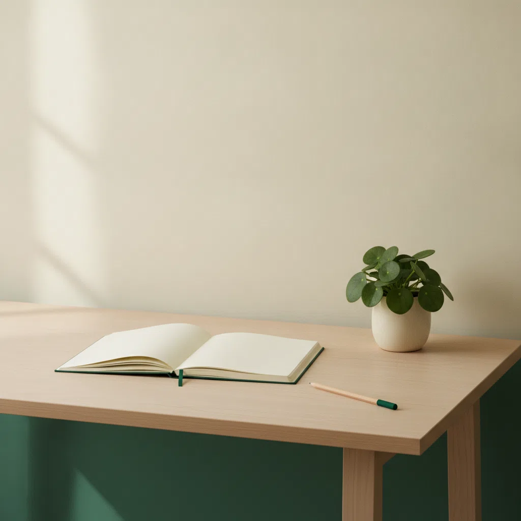 Et roligt arbejdsrum med en notesbog og en grøn plante på et lyst skrivebord